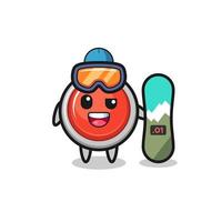 Illustration of emergency panic button character with snowboarding style vector