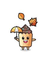 cartoon of the cute cupcake holding an umbrella in autumn vector