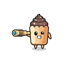 cute cupcake character is holding an old telescope vector