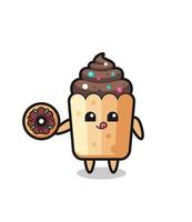 ilustración de un personaje de cupcake comiendo un donut vector