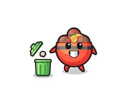 illustration of the meatball bowl throwing garbage in the trash can vector