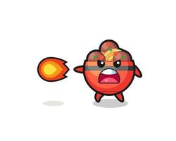 cute meatball bowl mascot is shooting fire power vector