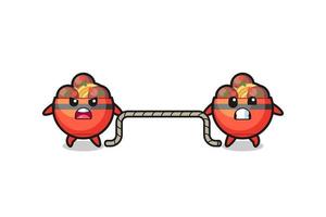 cute meatball bowl character is playing tug of war game vector