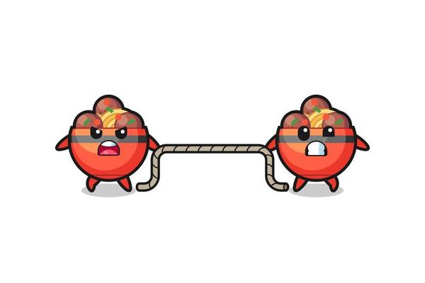 cute meatball bowl character is playing tug of war game