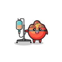 cute meatball bowl character standing with infusion pole vector