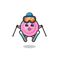 personaje de mascota de botón de ropa como jugador de esquí vector