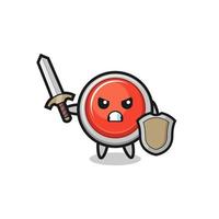 cute emergency panic button soldier fighting with sword and shield vector