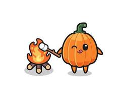 pumpkin character is burning marshmallow vector