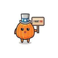 pumpkin cartoon as uncle Sam holding the banner I want you vector