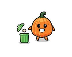 illustration of the pumpkin throwing garbage in the trash can vector