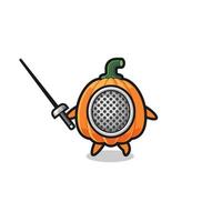 pumpkin earth cartoon as fencer mascot vector
