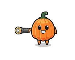 pumpkin mascot holding flashlight vector