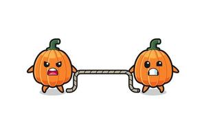 cute pumpkin character is playing tug of war game vector