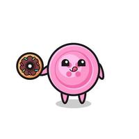 illustration of an clothing button character eating a doughnut vector