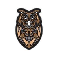 Colored print head of an owl. Hawaii and samoa patterns. Good for t-shirts, phone cases and more. Exclusive corporate design. Isolated. Vector