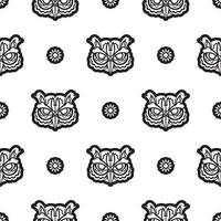 Black-white Seamless pattern owl face in boho style. Isolated. Good for clothing and textiles. Vector illustration.