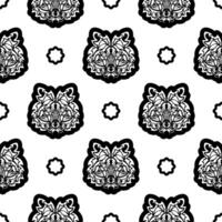 Black and white Seamless pattern with tiger face in Polynesian style. Good for garments, textiles, backgrounds and prints. Vector
