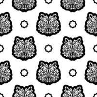 Black and white Seamless pattern with tiger face in Polynesian style. Good for garments, textiles, backgrounds and prints. Vector