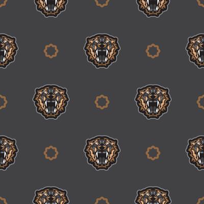 Seamless pattern with tiger face in colored boho style. Polynesian style tiger face. Good for backgrounds, prints, apparel and textiles. Vector illustration.
