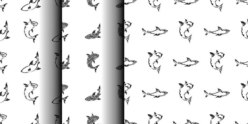 Set of Seamless black and white pattern with sharks. Good for mural wallpaper, fabric, postcards and printing. illustration.