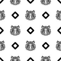 Polynesian style tiger face seamless pattern. Boho tiger face. Good for backgrounds, prints, apparel and textiles. Vector