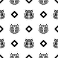 Polynesian style tiger face seamless pattern. Boho tiger face. Good for backgrounds, prints, apparel and textiles. Vector