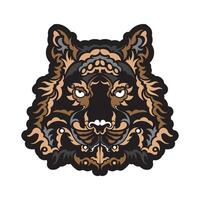 The colored face of a lion, composed of patterns. Tiger head print. For T-shirts, phone cases and cups. Isolated. Vector illustration.