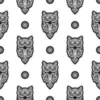 Black-white Seamless pattern of owls in boho style. Good for backgrounds, prints, apparel and textiles. Vector