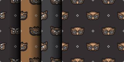 Set of seamless patterns with owls. Exclusive style. Good for T-shirts, postcards and prints. Vector
