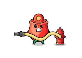 caricatura de rosa como mascota de bombero con manguera de agua vector