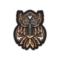 Colored print head of an owl. Hawaii and samoa patterns. Exclusive corporate design. Isolated. Vector illustration.