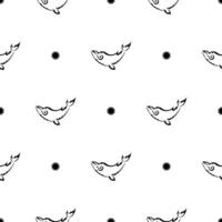 Seamless Black and White Pattern with Whales in Simple Style. Good for backgrounds, prints, apparel and textiles. Vector illustration.