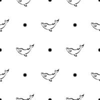 Seamless Black and White Pattern with Whales in Simple Style. Good for backgrounds, prints, apparel and textiles. Vector illustration.