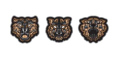 Polynesian style tiger face print set. Exclusive handcrafted design. Isolated. Vector illustration.