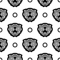 Black and white Seamless pattern with tiger face in Polynesian style. Good for clothing and textiles. Vector