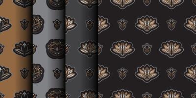Set of Seamless pattern with lotuses. Dark background. Expensive and luxurious style. Good for prints. Vector