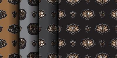 Set of Seamless pattern with lotuses. Dark background. Expensive and luxurious style. Good for prints. Vector