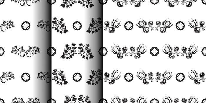 Set of Seamless black and white pattern with flowers and monograms in Simple style. Good for backgrounds and prints. illustration. vector