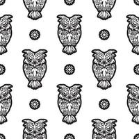 Black-white Seamless pattern of owls in boho style. Good for clothing and textiles. Vector illustration.