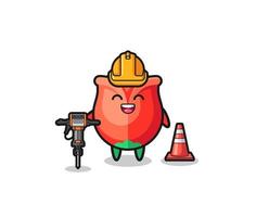 mascota del trabajador de la carretera de rosa con máquina perforadora vector