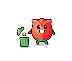 illustration of the rose throwing garbage in the trash can vector