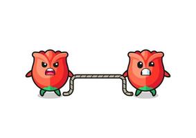 cute rose character is playing tug of war game vector
