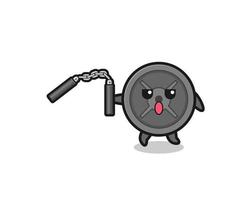 cartoon of barbell plate using nunchaku vector