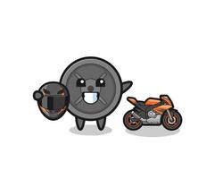 cute barbell plate cartoon as a motorcycle racer vector