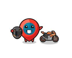 cute location symbol cartoon as a motorcycle racer vector