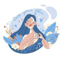 International Vitiligo Day. Body positive, self love, depigmentation disease, accepting Your Body.  Modern vector illustration in flat hand drawn style. A girl folded her hands in the form of a heart.