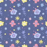 Seamless pattern with simple daisy flowers in pastel colors on a violet background. Floral modern print for fabric, wallpaper, textile, wrapping. vector
