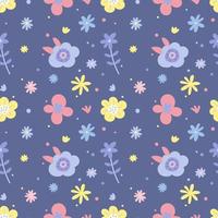 Seamless pattern with simple daisy flowers in pastel colors on a violet background. Floral modern print for fabric, wallpaper, textile, wrapping. vector