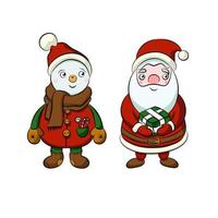 Set Santa with giftbox and snowman in costume in children's style. Vector art for postcard or decoration, flat doodle art design isolated on white background.