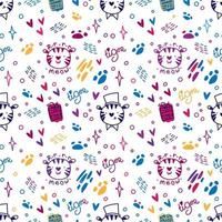 Seamless pattern with tigers, gifts, paw prints, scratches, stars. Doodle style for kids design. Isolated on white background. vector
